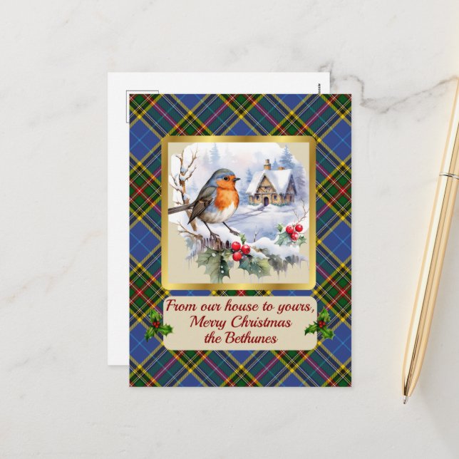 Cartes Pour Fêtes Annuelles Bethune Crest & Tartan avec Robin Personnalisé (Devant/Arrière en situation)