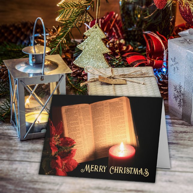 Cartes Pour Fêtes Annuelles Bible ancien Poinsettia à bougie (Merry Christmas greeting card with Bible, poinsettia and votive candle.)