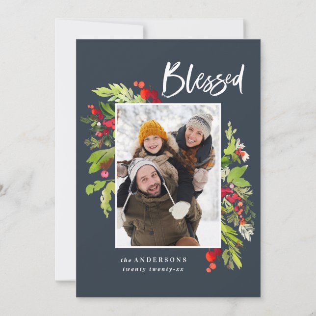 Cartes Pour Fêtes Annuelles Bienheureux aquarelle fleurie et feuillage Noël (Devant)