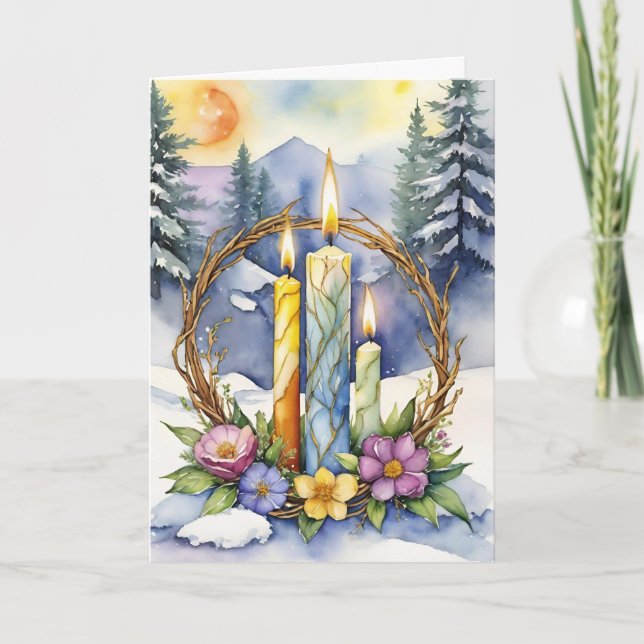 Cartes Pour Fêtes Annuelles Bienheureux Hiver Floral Candle Wreath Wiccan (Devant)