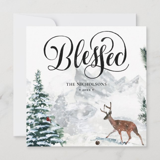 Cartes Pour Fêtes Annuelles Bienheureux Script noir hiver paysage de neige (Devant)