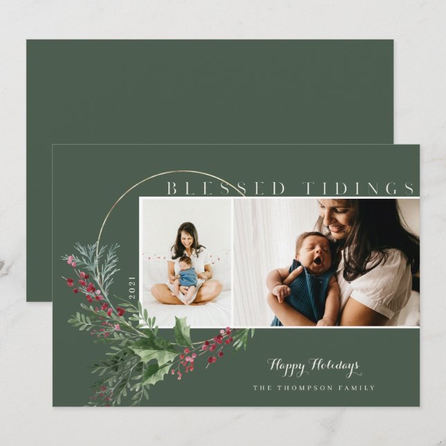 Cartes Pour Fêtes Annuelles Bienheureux Tidings Aquarelle Verdure Wreath Photo (Devant / Derrière)
