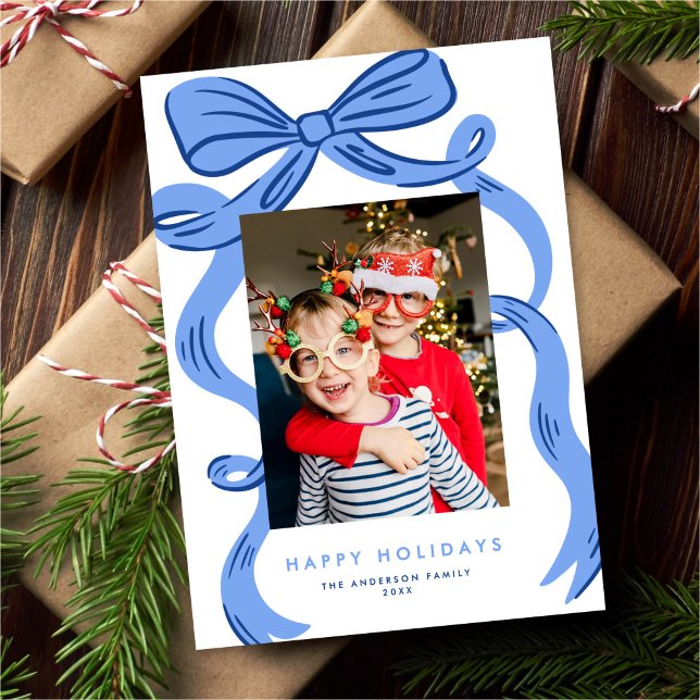 Cartes Pour Fêtes Annuelles Big Bold Bright Blue Bow Christmas Photo (Créateur téléchargé)