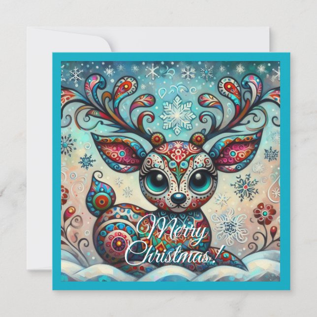 Cartes Pour Fêtes Annuelles Big Eyed Christmas Reindeer Folk Art Personnalisé (Devant)