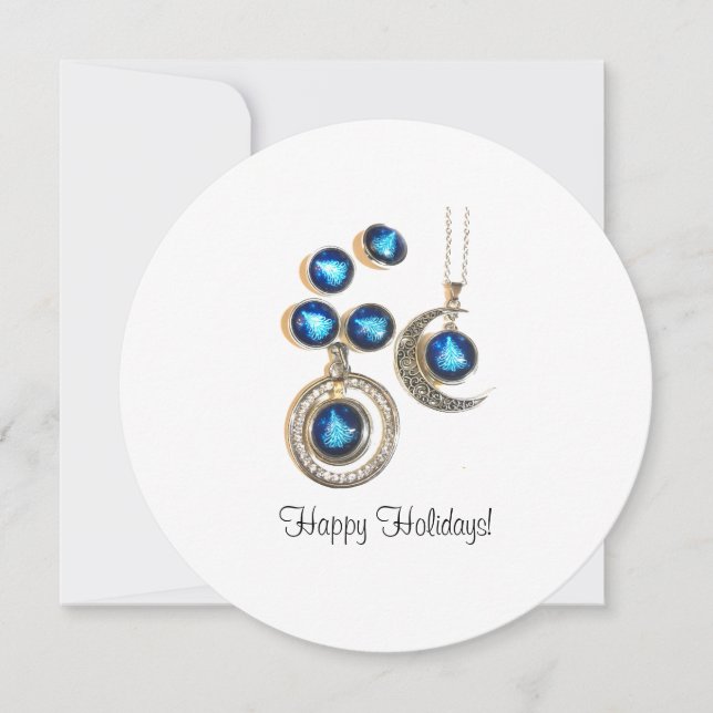 Cartes Pour Fêtes Annuelles Bijoux de Noël Arbre bleu noir brillant Lune (Devant)