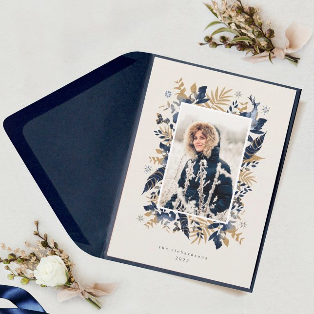 Cartes Pour Fêtes Annuelles Bijoux Marine & Or Plumes & Foliage Photo Wreath (Créateur téléchargé)