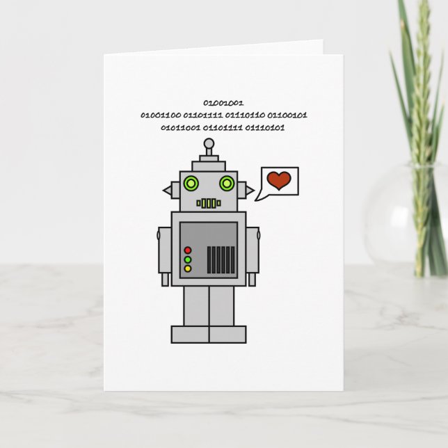 Cartes Pour Fêtes Annuelles Binary avec Robot - Je vous aime (Devant)