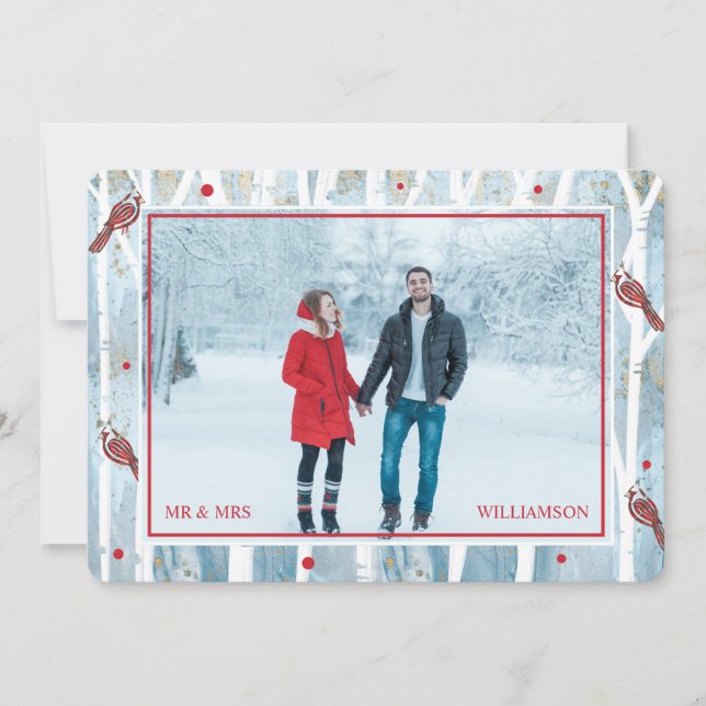 Cartes Pour Fêtes Annuelles Birch Trees de la forêt d'hiver et photo cardinale (Devant)