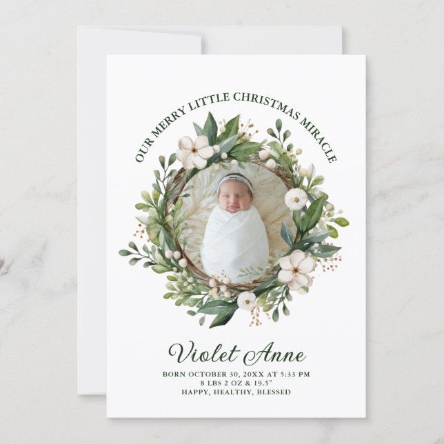 Cartes Pour Fêtes Annuelles Birth New Baby Photo Wreath Christmas Miracle (Devant)
