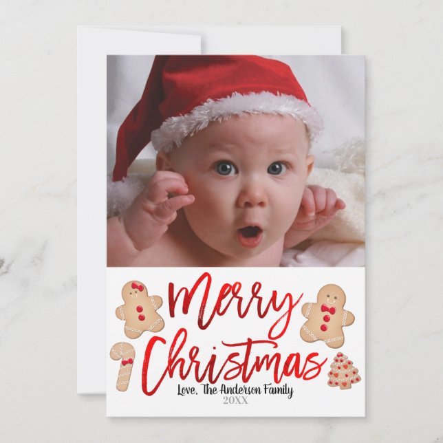 Cartes Pour Fêtes Annuelles Biscuits en pain d'épices Rouge Joyeux Noël Photo (Devant)