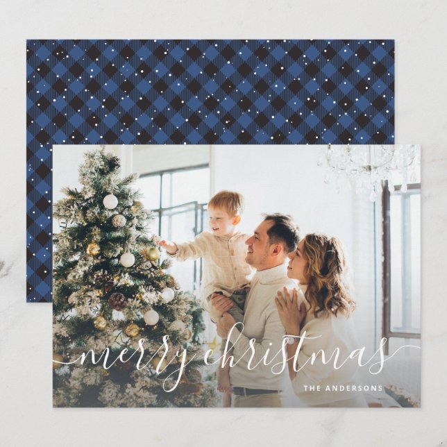 Cartes Pour Fêtes Annuelles Bison Bleu Noir Plaid Photo Joyeux Noël (Devant / Derrière)