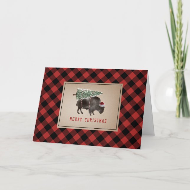 Cartes Pour Fêtes Annuelles Bison de Buffalo Santa Joyeux Noël Arbre Rustique (Devant)