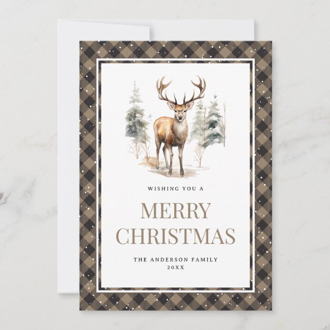 Cartes Pour Fêtes Annuelles Bison Plaid Aquarelle Cerf neige Joyeux Noël (Devant)