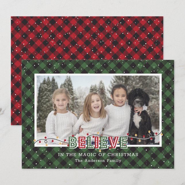 Cartes Pour Fêtes Annuelles Bison rouge vert Plaid Neige Croire Photo (Devant / Derrière)