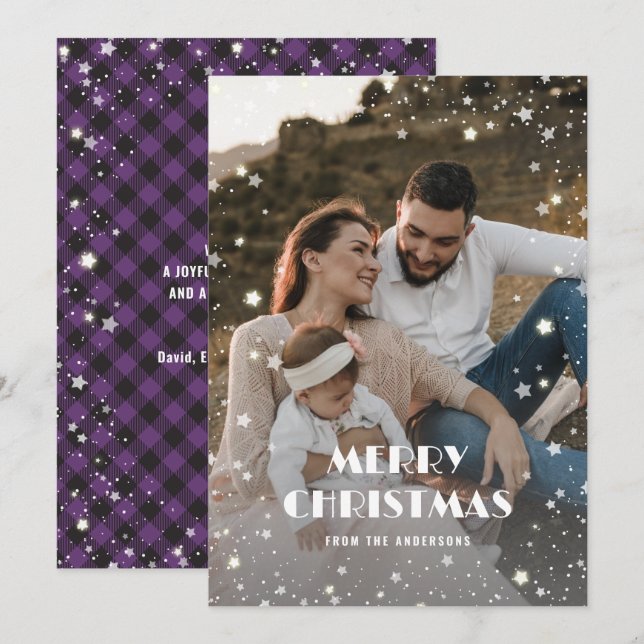 Cartes Pour Fêtes Annuelles Bison violet Plaid Neige Stars Photo Noël (Devant / Derrière)