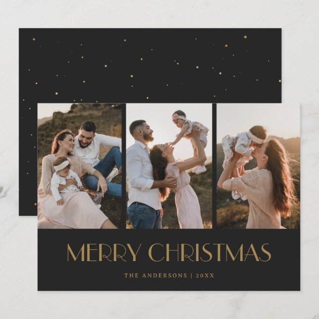 Cartes Pour Fêtes Annuelles Black and Gold Snow 3 Photo Joyeux Noël (Devant / Derrière)