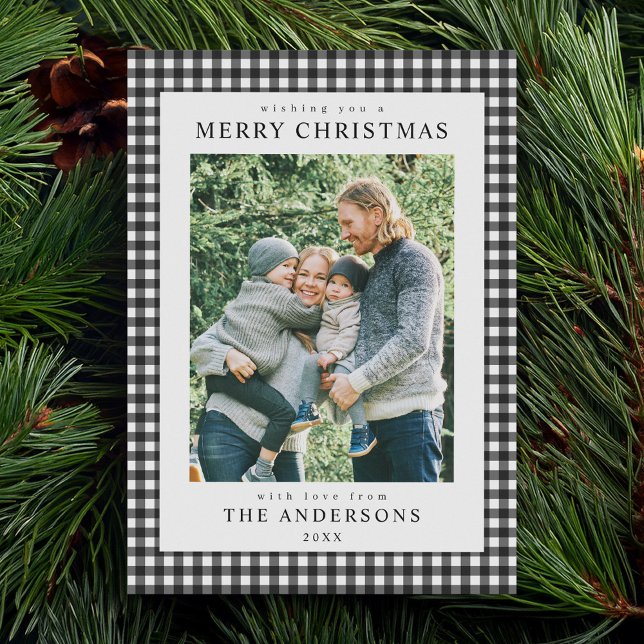 Cartes Pour Fêtes Annuelles Black and White Gingham Christmas Photo (Créateur téléchargé)