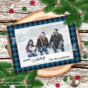 Cartes Pour Fêtes Annuelles Black Blue Buffalo Lumberjack Plaid & Snowflakes