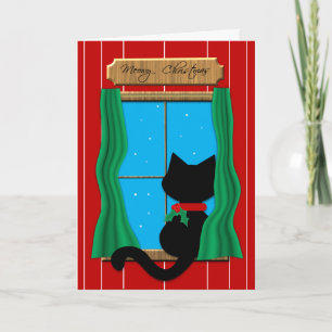 Cartes Pour Fêtes Annuelles Black Cat  in Snowy Window - Meowy Christmas Card
