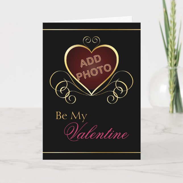Cartes Pour Fêtes Annuelles Black Gold Heart Photo Frame Valentine Card (Devant)