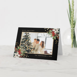 Cartes Pour Fêtes Annuelles Black Gold Holly Berries Poinsettia Photo