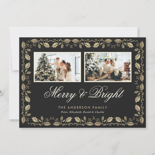 Cartes Pour Fêtes Annuelles Black Gold Holly Joyeux et photo brillante (Devant)