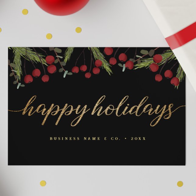 Cartes Pour Fêtes Annuelles Black & Gold Red berries Happy Holidays Logo (Business Happy Holidays script gold, green, red berries thank you card.)