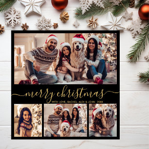 Cartes Pour Fêtes Annuelles Black Gold Script Modern 5 Photo Collage Noël