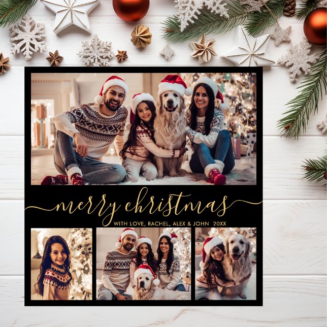 Cartes Pour Fêtes Annuelles Black Gold Script Modern 5 Photo Collage Noël (Créateur téléchargé)