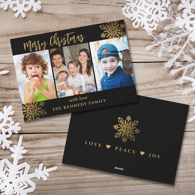 Cartes Pour Fêtes Annuelles Black & Gold SnowFlake 3 Photo Collage Noël (Créateur téléchargé)