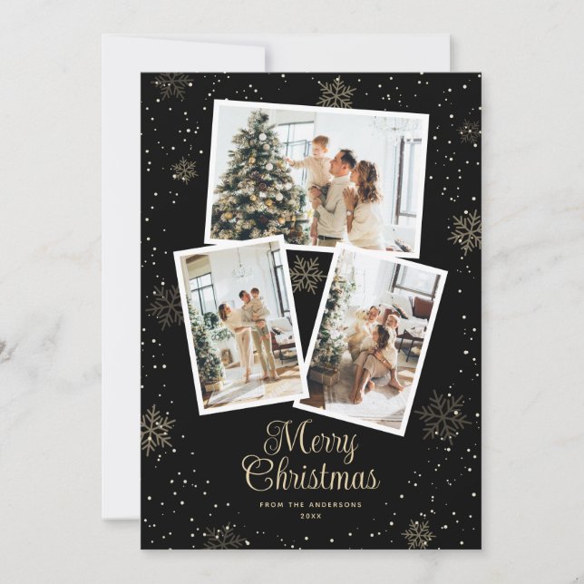 Cartes Pour Fêtes Annuelles Black Gold Snowflake Photo Merry Christmas Card (Devant)