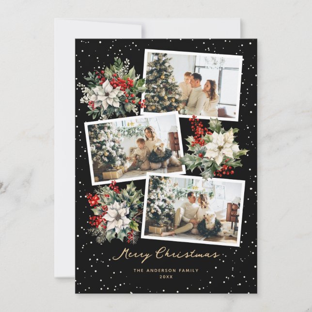 Cartes Pour Fêtes Annuelles Black Gold White Poinsettia Photo Joyeux Noël (Devant)