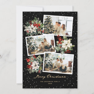 Cartes Pour Fêtes Annuelles Black Gold White Poinsettia Photo Joyeux Noël