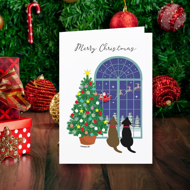 Cartes Pour Fêtes Annuelles Black Lab, Chocolat Lab Magique Nuit de Noël (Black Lab, Chocolate Lab magical night Christmas Cards for Labrador Owners.  Santa Claus in the sky.)
