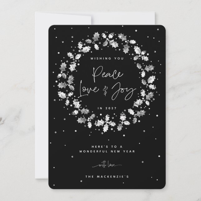 Cartes Pour Fêtes Annuelles Black Peace Love + Joy Holly Wreath (Devant)