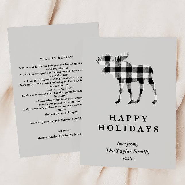 Cartes Pour Fêtes Annuelles Black Plaid Christmas Moose Family Newsletter (Créateur téléchargé)