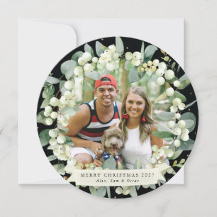 Cartes Pour Fêtes Annuelles Black Round Snowberry+Eucalyptus Christmas Wath