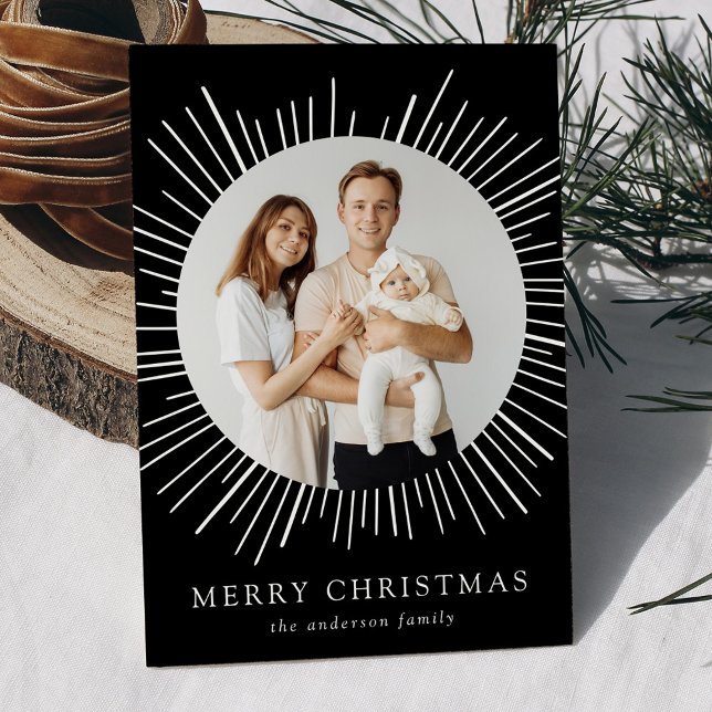 Cartes Pour Fêtes Annuelles Black Sunburst Joyeux Noël 2 Photo (Créateur téléchargé)