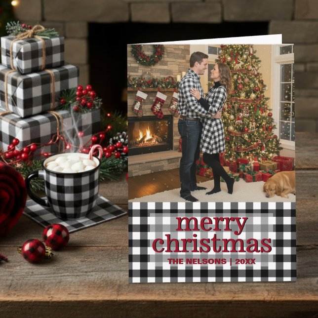 Cartes Pour Fêtes Annuelles Black & White Buffalo Plaid Merry Christmas Photo (Créateur téléchargé)