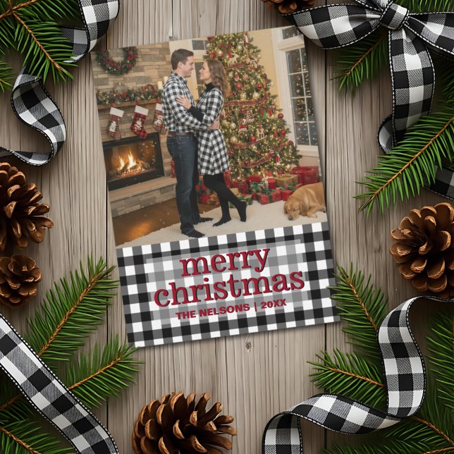 Cartes Pour Fêtes Annuelles Black & White Buffalo Plaid Merry Christmas Photo (Créateur téléchargé)