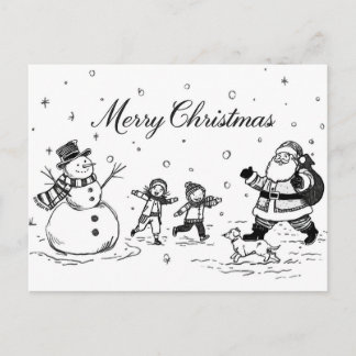 Cartes Pour Fêtes Annuelles Black & White Christmas Postcard – Snowman, Santa 