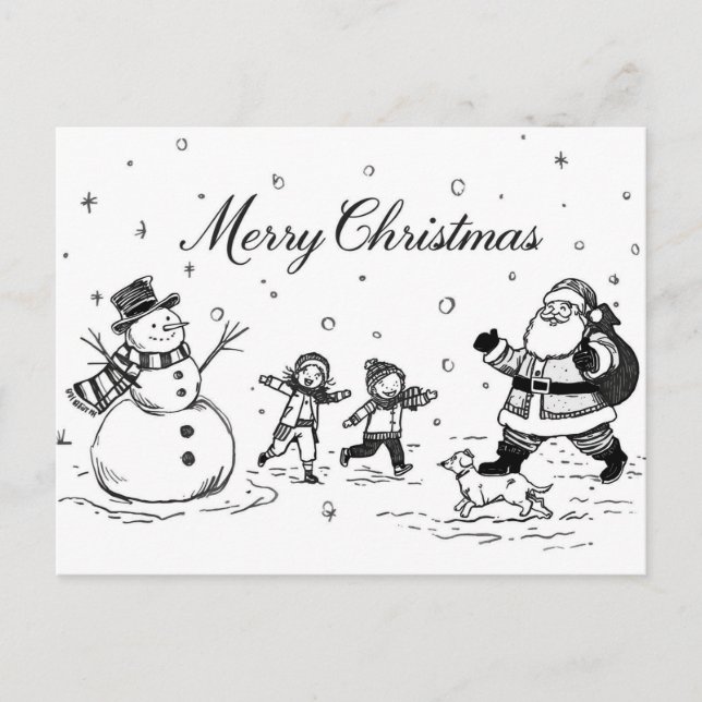Cartes Pour Fêtes Annuelles Black & White Christmas Postcard – Snowman, Santa  (Devant)