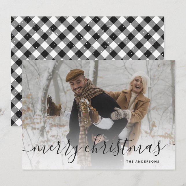 Cartes Pour Fêtes Annuelles Black White En vichy Plaid Photo Joyeux Noël (Devant / Derrière)