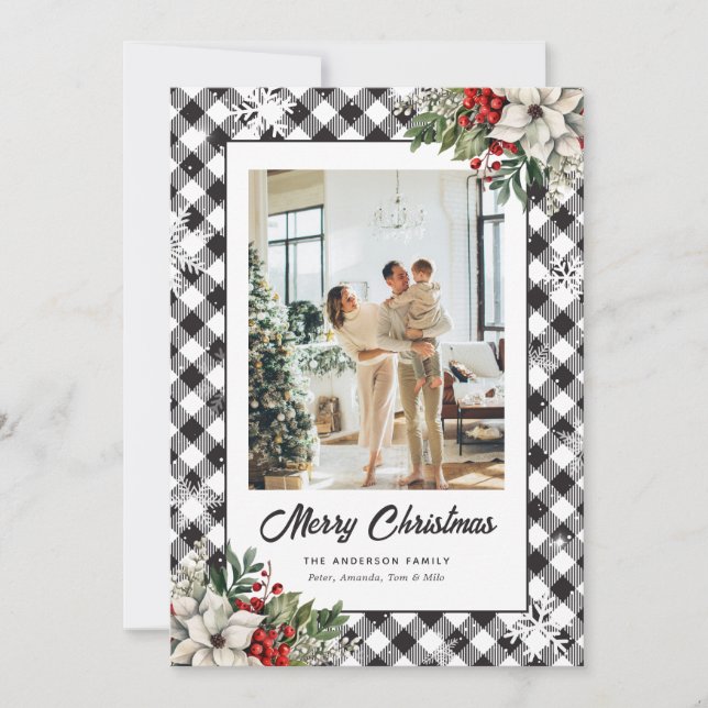 Cartes Pour Fêtes Annuelles Black White Plaid Botanical Photo Christmas Card (Devant)