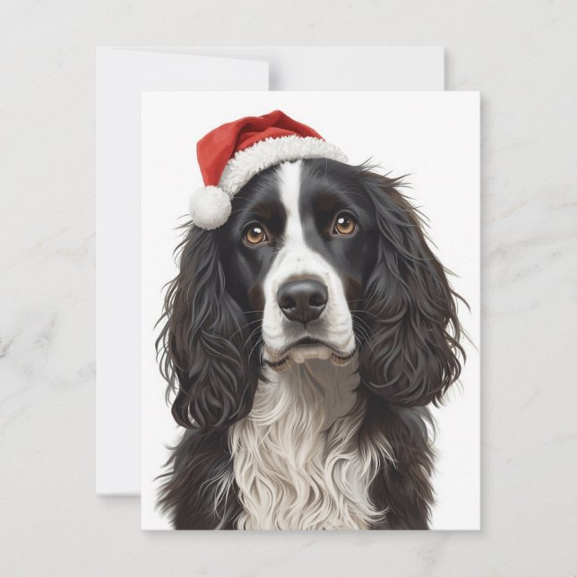 Cartes Pour Fêtes Annuelles Black & White Spaniel Santa Hat Xmas Art (Devant)