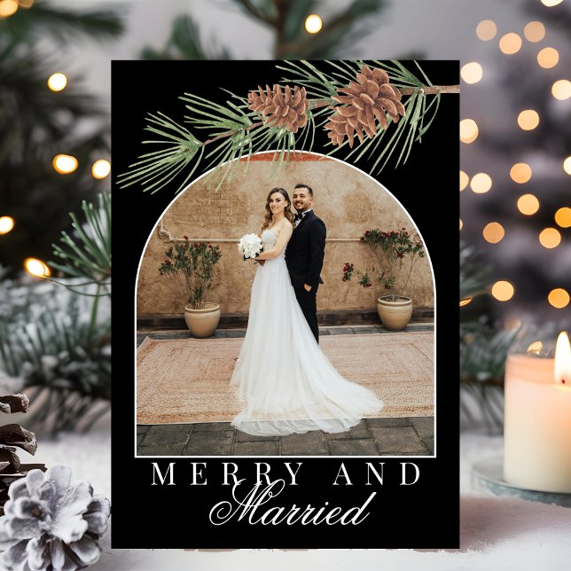 Cartes Pour Fêtes Annuelles Black Winter Pine Merry & Married Photo Christmas (Créateur téléchargé)