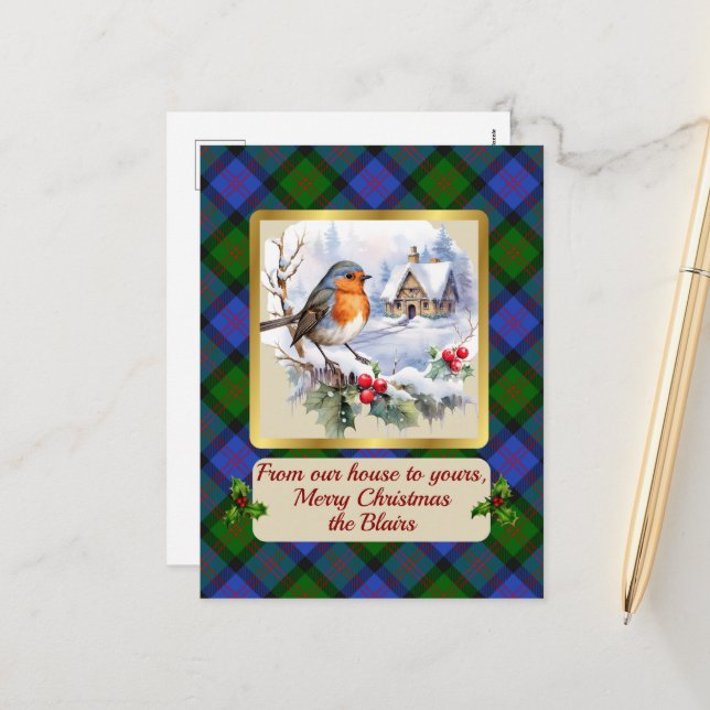 Cartes Pour Fêtes Annuelles Blair Crest & Tartan avec Robin Personnalisé (Devant/Arrière en situation)