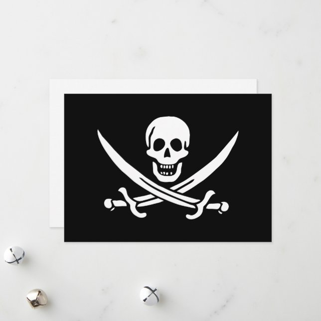 Cartes Pour Fêtes Annuelles Blanc, Drapeau Pirate Calico Jack, Crâne & Cutlass (Devant/Arrière en situation)