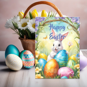 Cartes Pour Fêtes Annuelles Blanc Joyeux lapin de Pâques avec des oeufs coloré