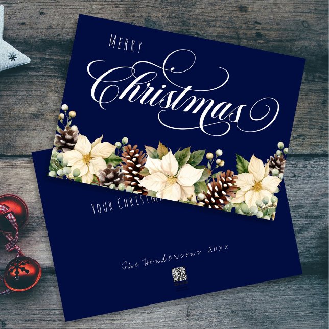 Cartes Pour Fêtes Annuelles Blanc Noël Poinsettia bleu (Créateur téléchargé)